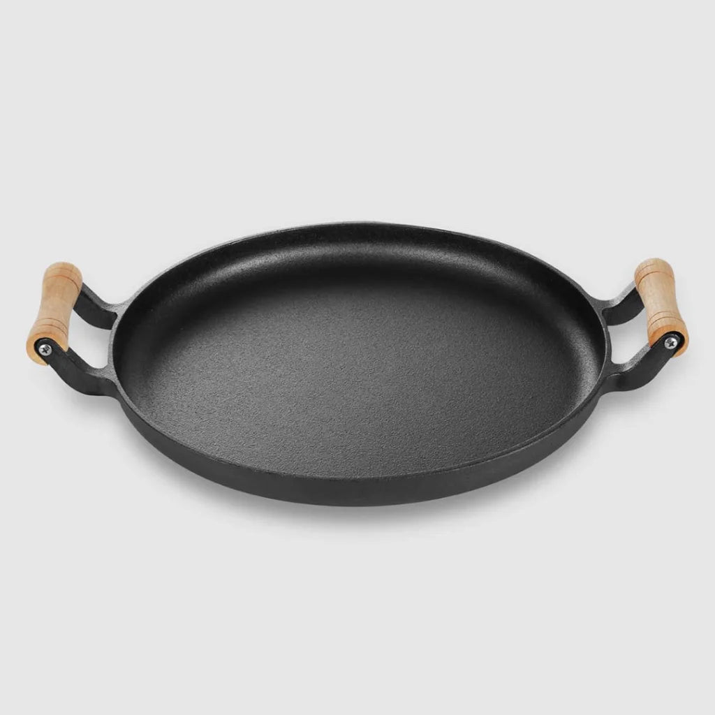 Cast Iron Fry Pan Premium 35cm Steak Sizzle Fry Skillet with Wooden Handle (No Lid)