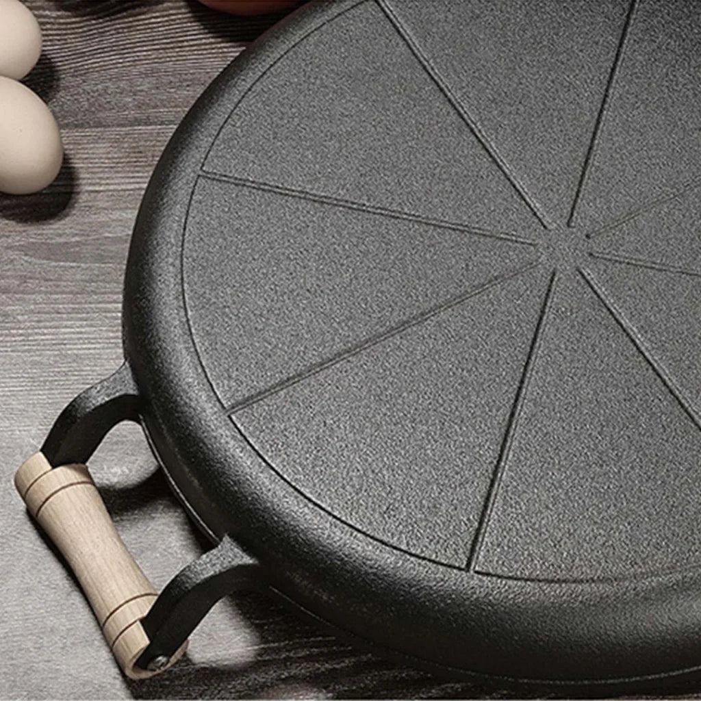 Cast Iron Fry Pan Premium 35cm Steak Sizzle Fry Skillet with Wooden Handle (No Lid)