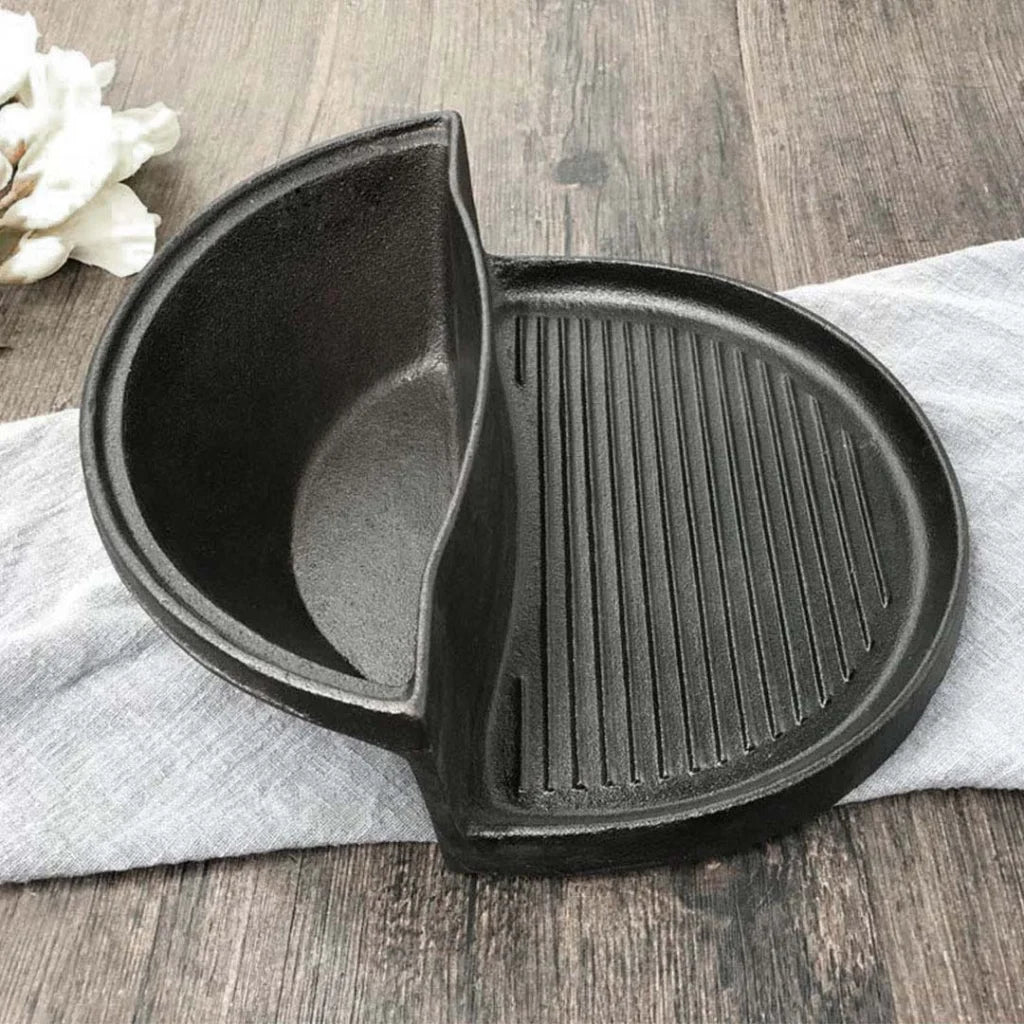 Cast Iron Fry Pan Set Premium 2-in-1 Ribbed BBQ Griddle & Steamboat Hot Pot