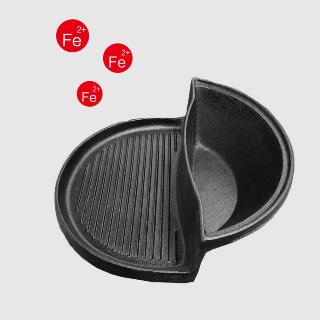 Cast Iron Fry Pan Set Premium 2X 2-in-1 Ribbed BBQ Griddle & Steamboat Hot Pot