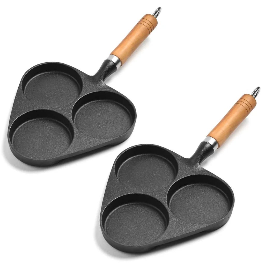 Cast Iron Fry Pan Set Premium 2X 3 Mold Breakfast Pancake Omelette Fry Skillet