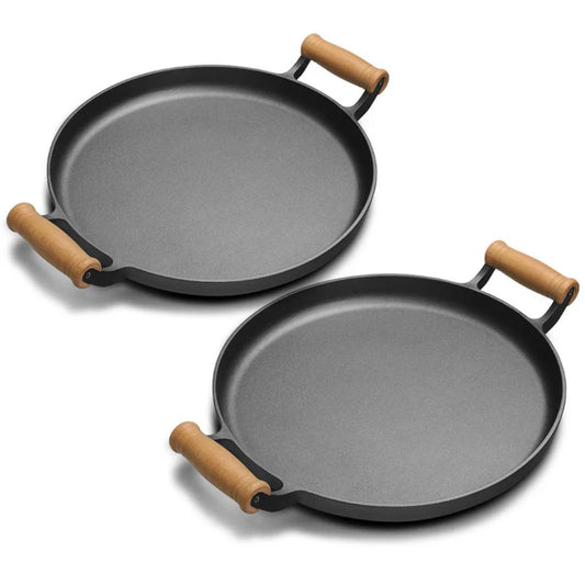 Cast Iron Fry Pan Set Premium 2X 35cm Steak Sizzle Fry Skillet with Wooden Handle (No Lid)