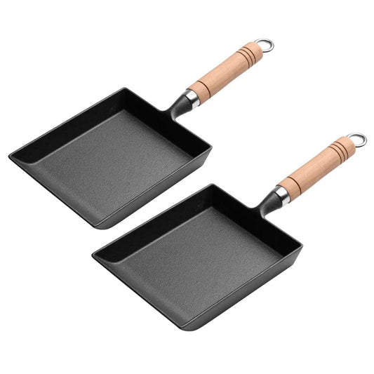 Cast Iron Fry Pan Set Premium 2X Japanese Tamagoyaki Omelette Egg Fry Skillet with Wooden Handle