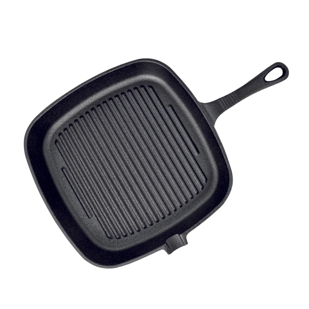 Cast Iron Frying Pan Premium 23.5cm Square Ribbed Skillet Steak Sizzle Platter with Handle
