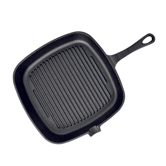 Cast Iron Frying Pan Premium 23.5cm Square Ribbed Skillet Steak Sizzle Platter with Handle