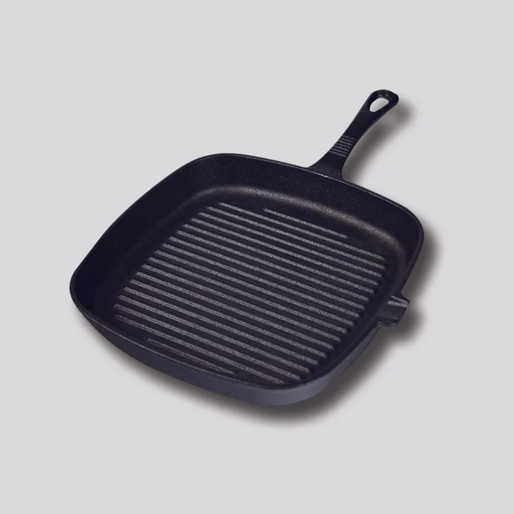 Cast Iron Frying Pan Premium 23.5cm Square Ribbed Skillet Steak Sizzle Platter with Handle