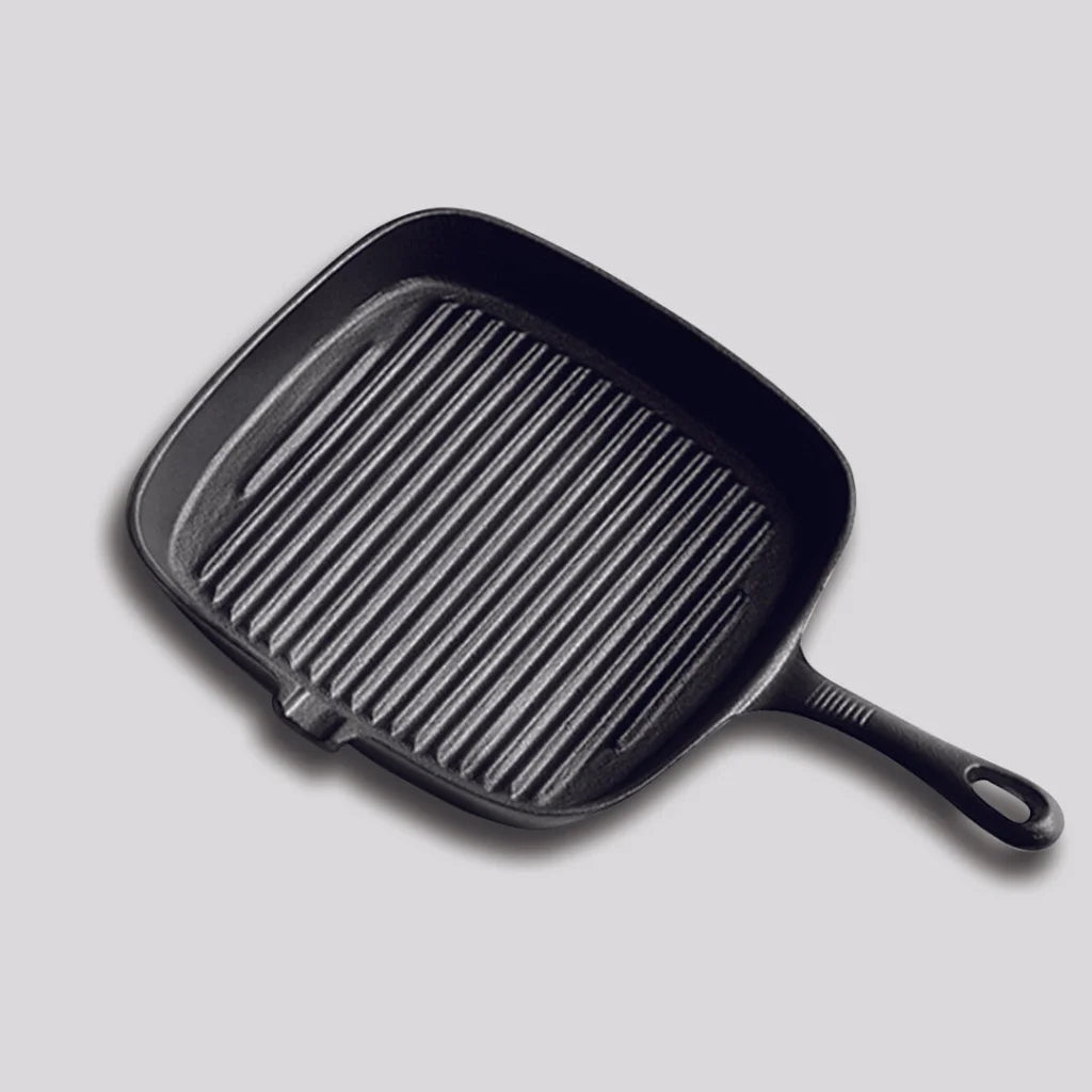 Cast Iron Frying Pan Premium 23.5cm Square Ribbed Skillet Steak Sizzle Platter with Handle