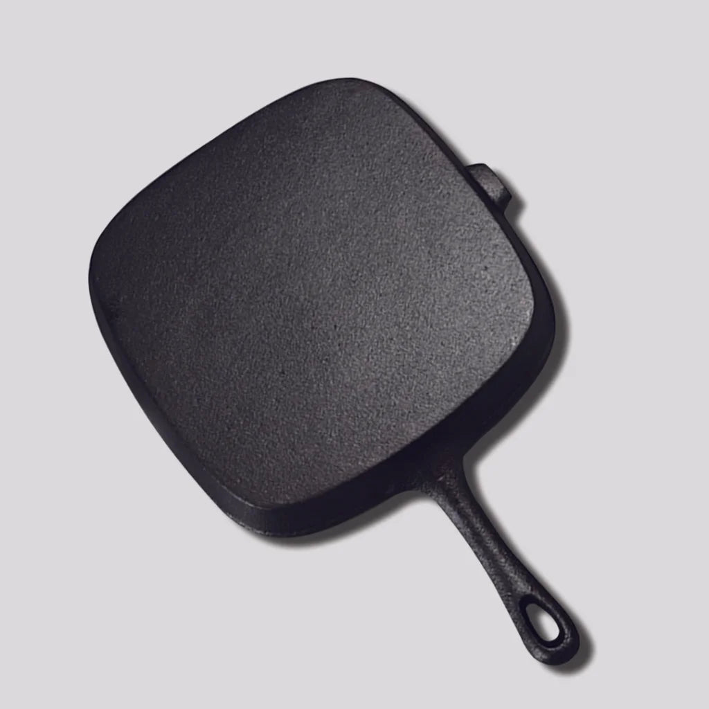 Cast Iron Frying Pan Premium 23.5cm Square Ribbed Skillet Steak Sizzle Platter with Handle