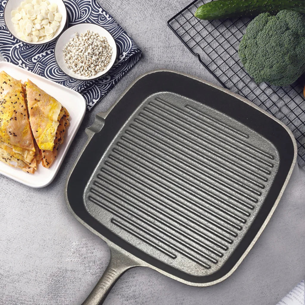Cast Iron Frying Pan Premium 23.5cm Square Ribbed Skillet Steak Sizzle Platter with Handle