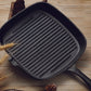 Cast Iron Frying Pan Premium 23.5cm Square Ribbed Skillet Steak Sizzle Platter with Handle