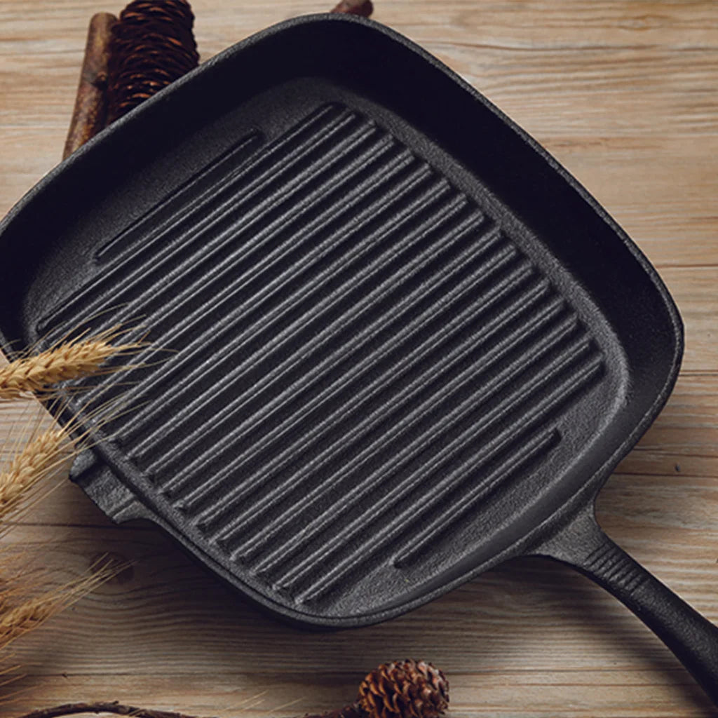 Cast Iron Frying Pan Premium 23.5cm Square Ribbed Skillet Steak Sizzle Platter with Handle