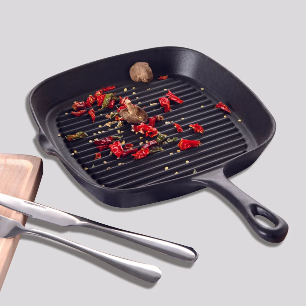 Cast Iron Frying Pan Premium 23.5cm Square Ribbed Skillet Steak Sizzle Platter with Handle