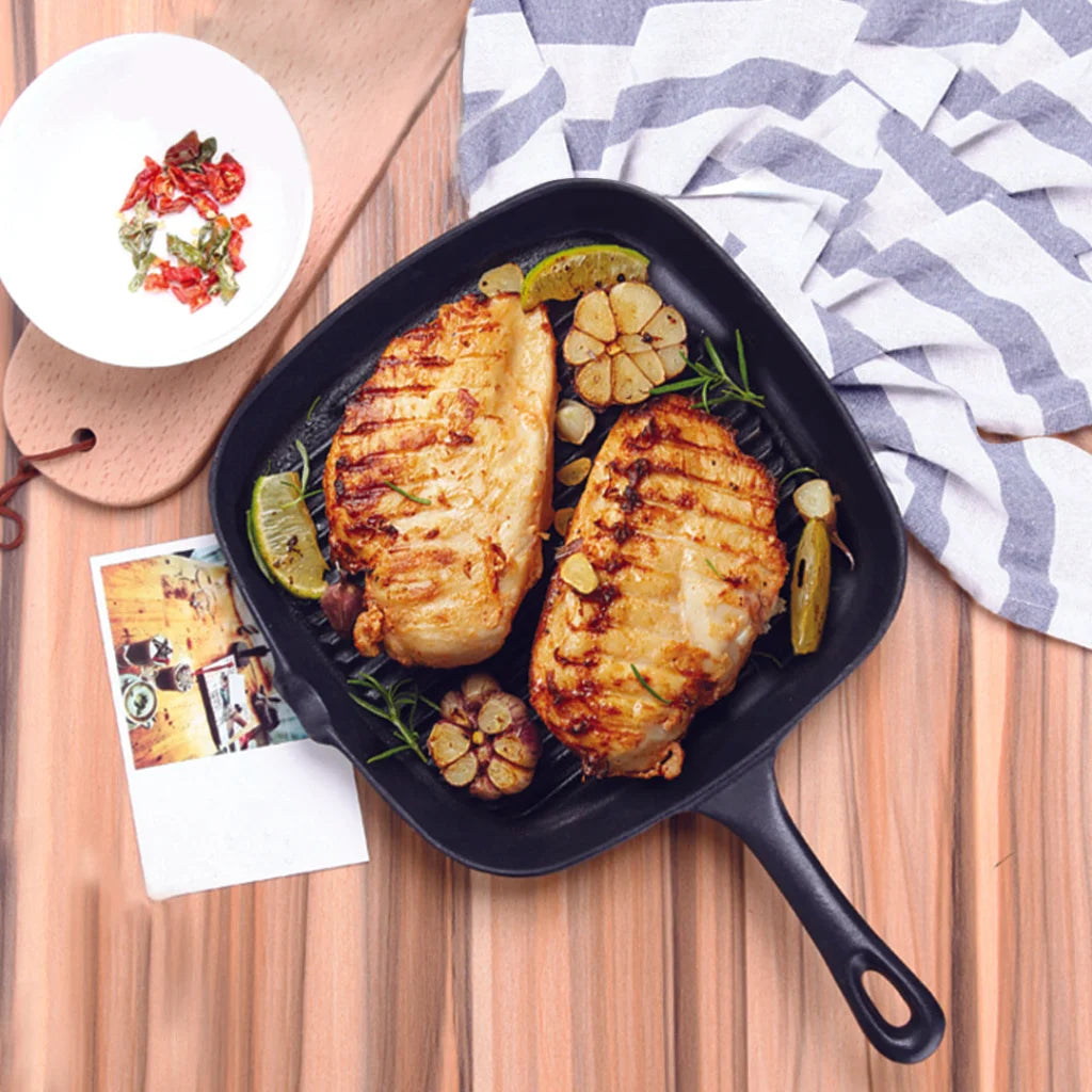 Cast Iron Frying Pan Premium 23.5cm Square Ribbed Skillet Steak Sizzle Platter with Handle