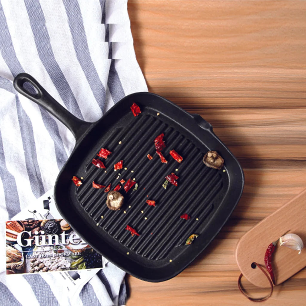 Cast Iron Frying Pan Premium 23.5cm Square Ribbed Skillet Steak Sizzle Platter with Handle