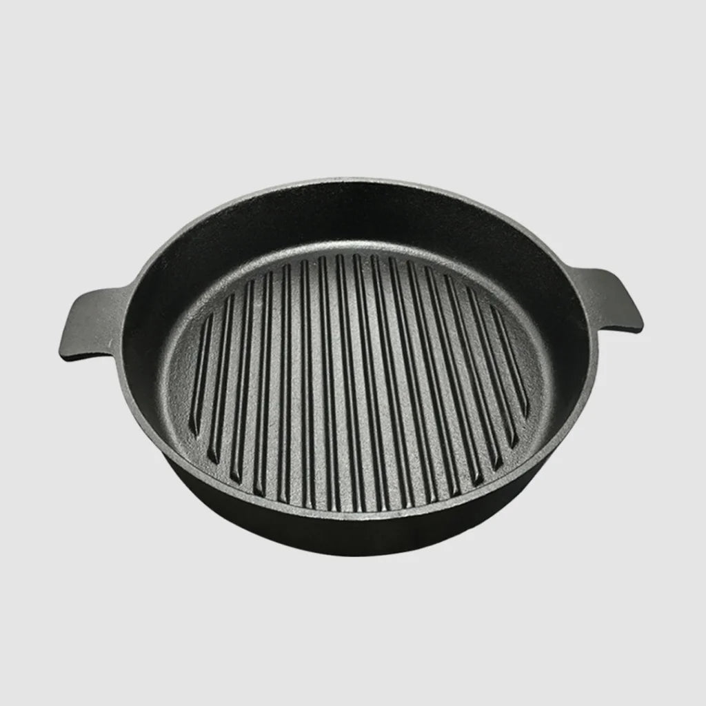 Cast Iron Frying Pan Premium 25cm Round Ribbed Skillet Steak Sizzle Platter with Handle