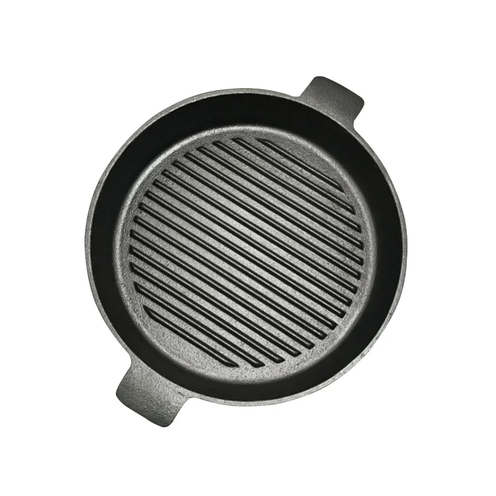 Cast Iron Frying Pan Premium 25cm Round Ribbed Skillet Steak Sizzle Platter with Handle