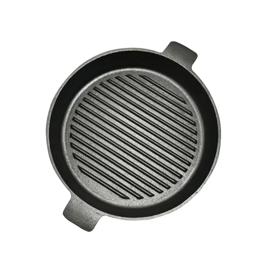 Cast Iron Frying Pan Premium 25cm Round Ribbed Skillet Steak Sizzle Platter with Handle