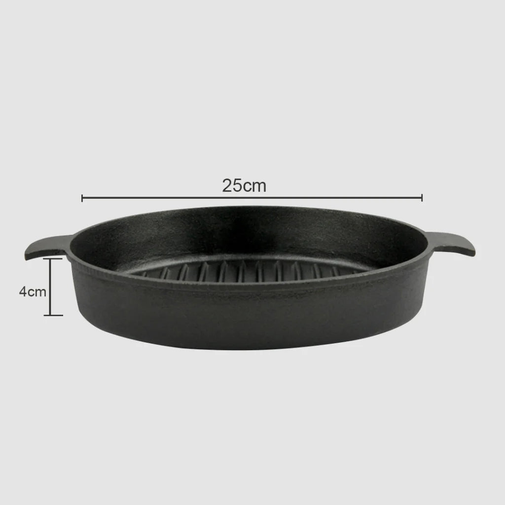 Cast Iron Frying Pan Premium 25cm Round Ribbed Skillet Steak Sizzle Platter with Handle