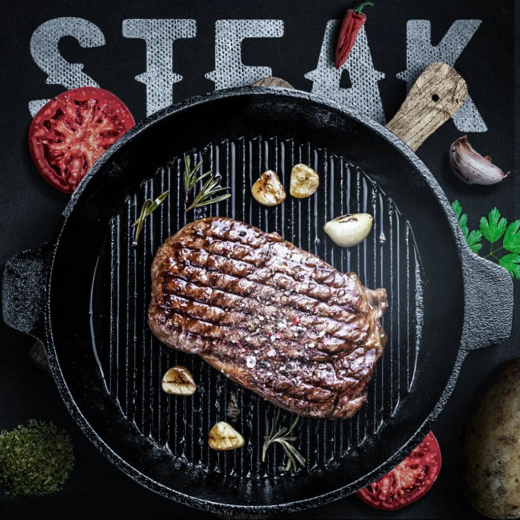Cast Iron Frying Pan Premium 26cm Round Ribbed Skillet Steak Sizzle Platter with Handle