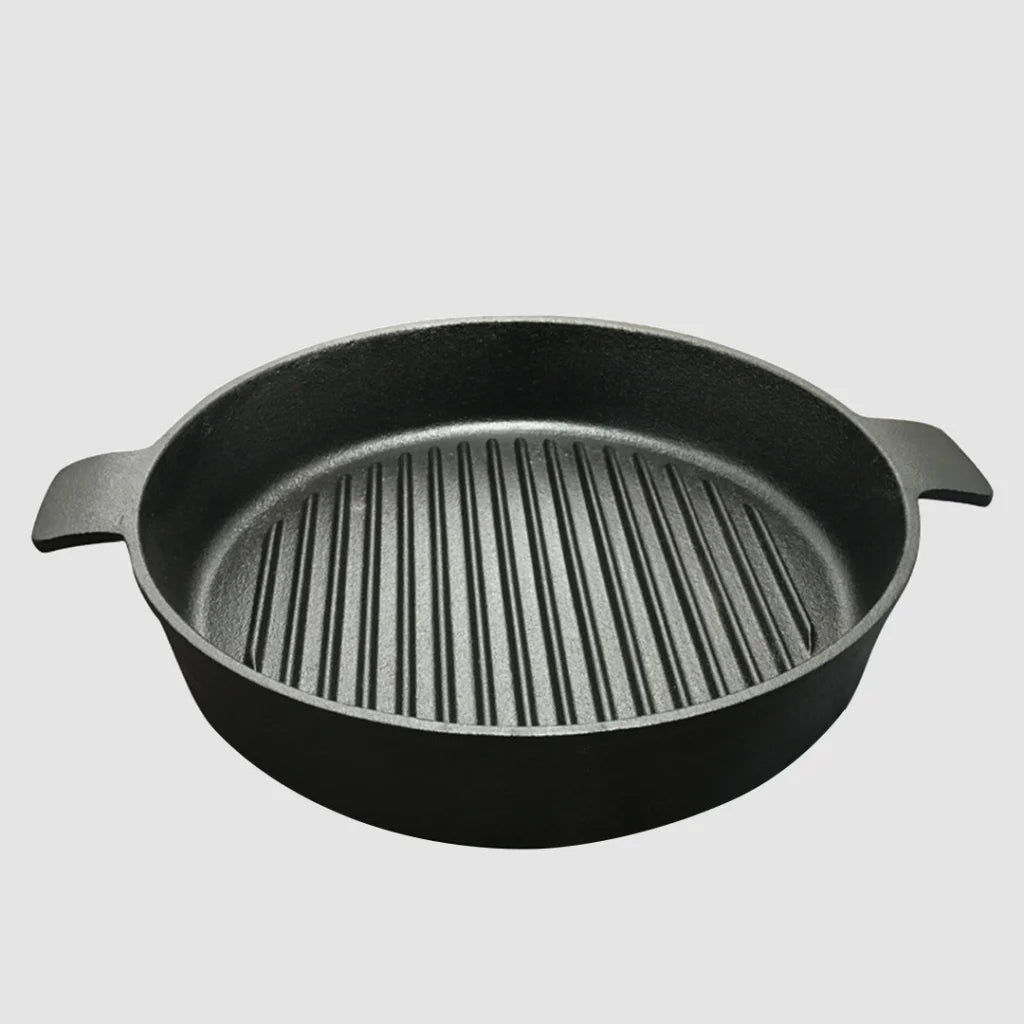 Cast Iron Frying Pan Premium 26cm Round Ribbed Skillet Steak Sizzle Platter with Handle