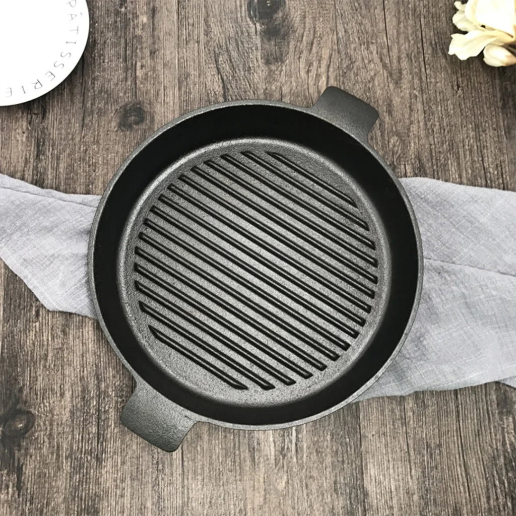 Cast Iron Frying Pan Premium 26cm Round Ribbed Skillet Steak Sizzle Platter with Handle