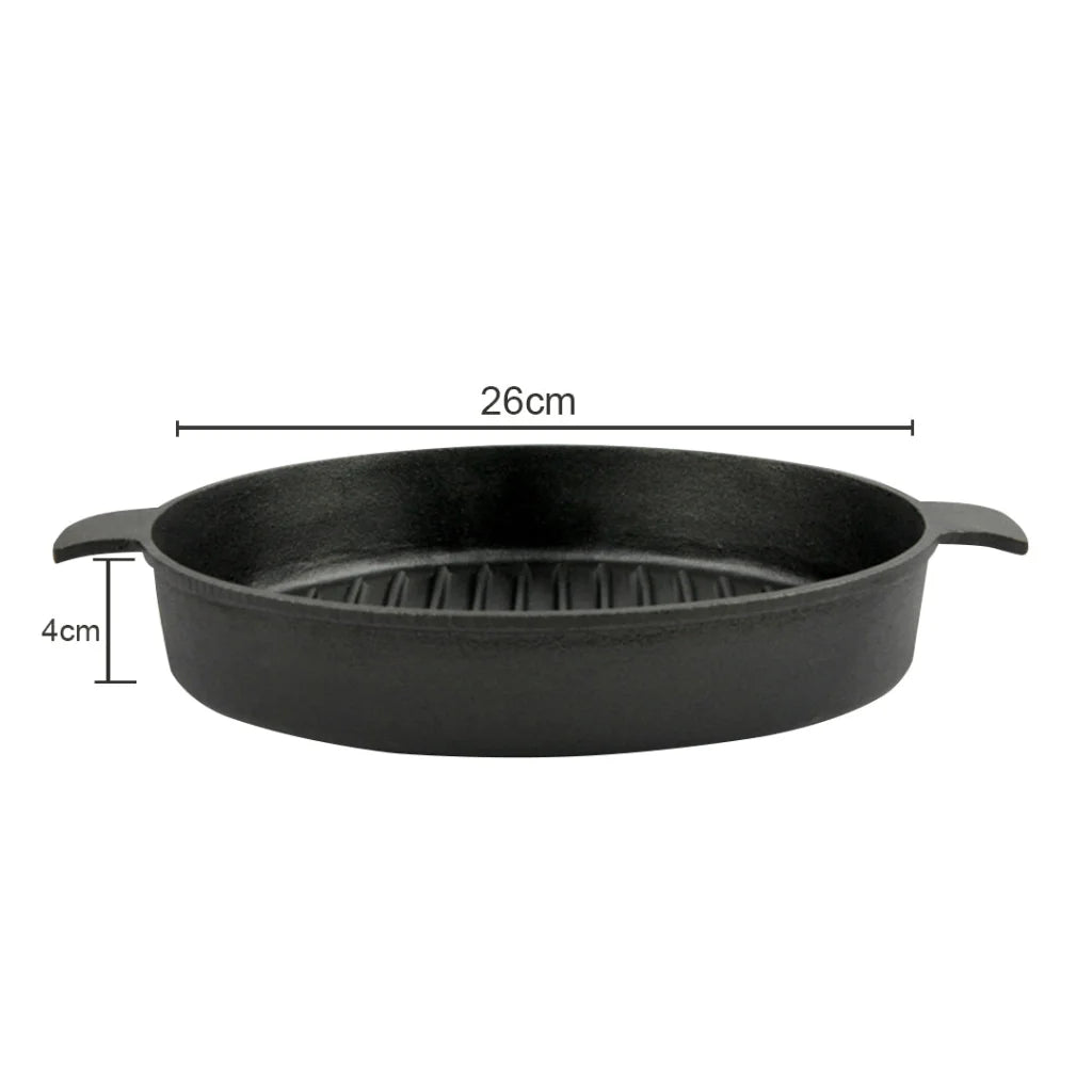Cast Iron Frying Pan Premium 26cm Round Ribbed Skillet Steak Sizzle Platter with Handle
