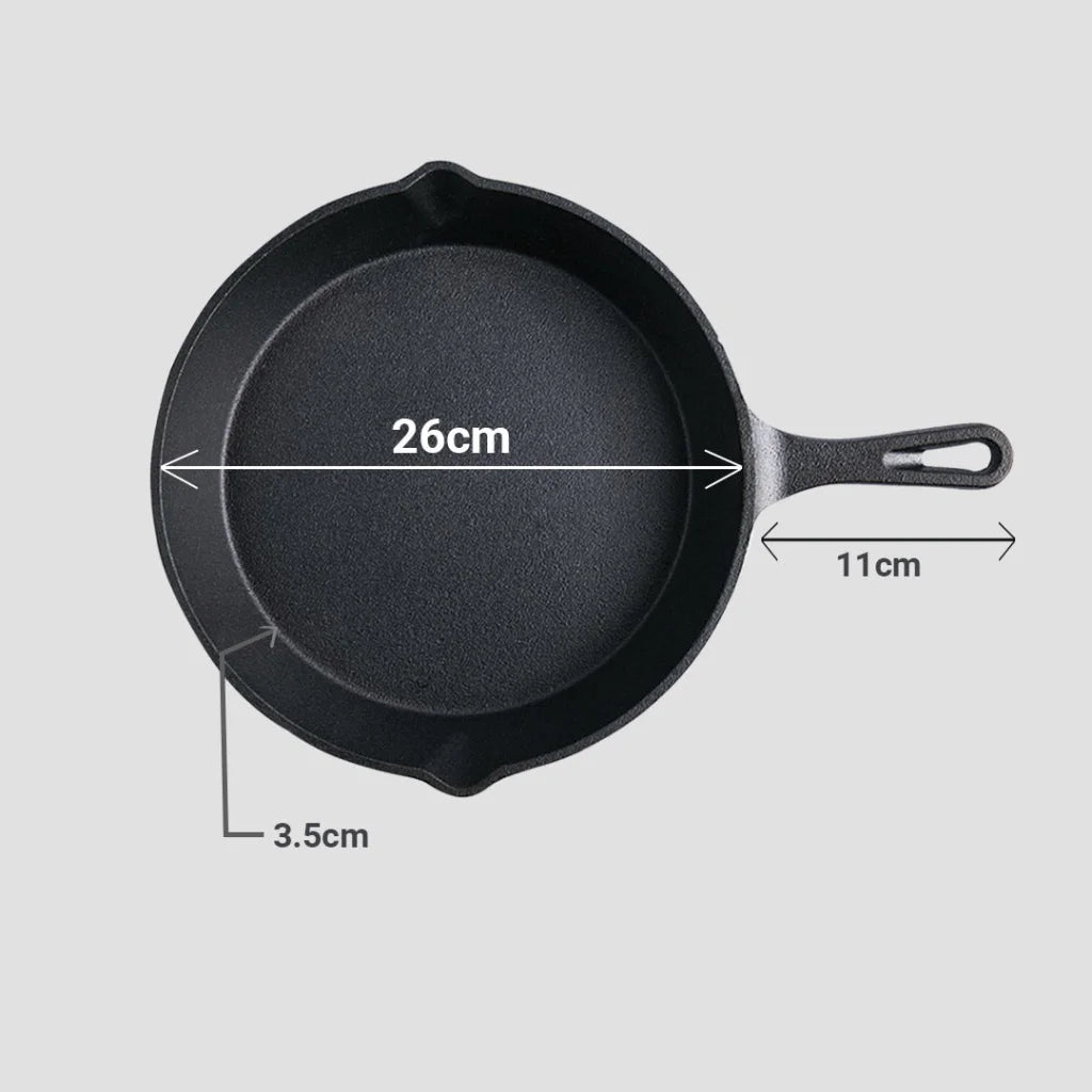 Cast Iron Frying Pan Premium 26cm Round Skillet Steak Sizzle Platter with Handle