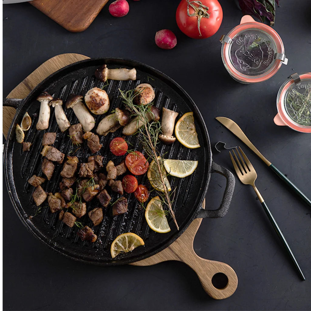 Cast Iron Frying Pan Premium 28cm Ribbed Skillet Coating Steak Sizzle Platter