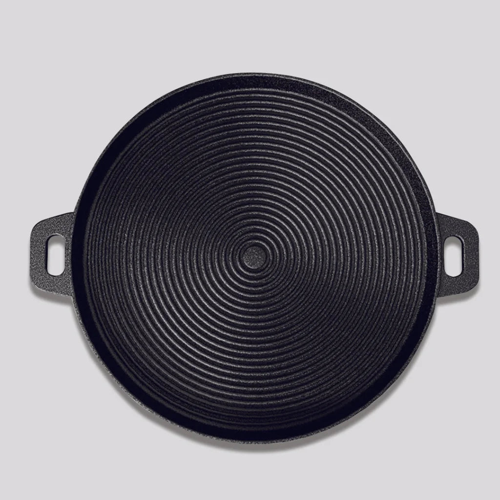 Cast Iron Frying Pan Premium 35cm Round Ribbed Skillet Steak Sizzle Platter with Handle