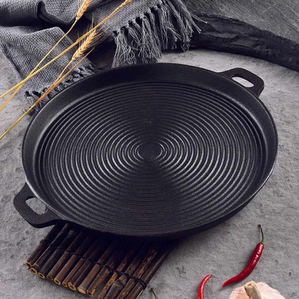 Cast Iron Frying Pan Premium 35cm Round Ribbed Skillet Steak Sizzle Platter with Handle