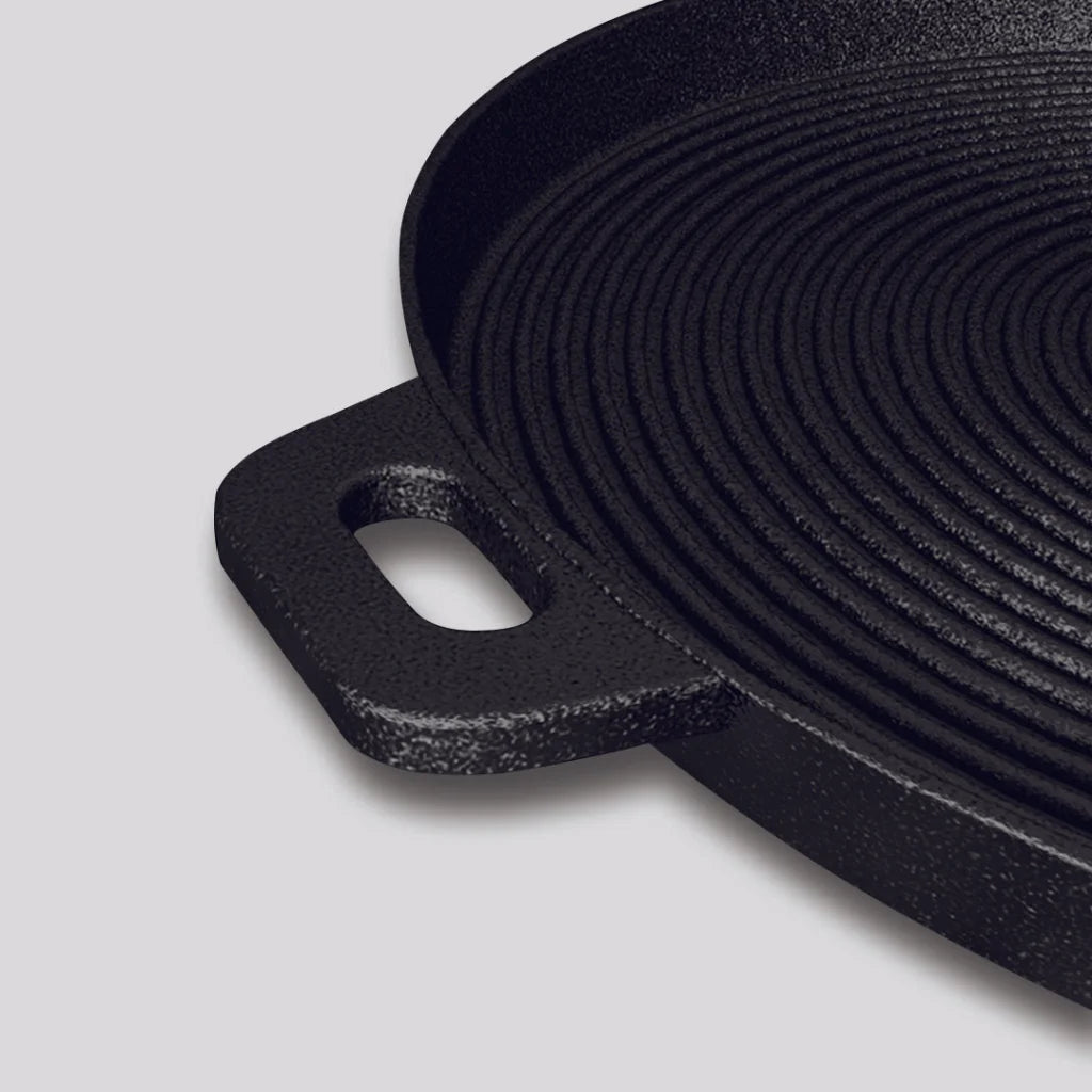 Cast Iron Frying Pan Premium 35cm Round Ribbed Skillet Steak Sizzle Platter with Handle