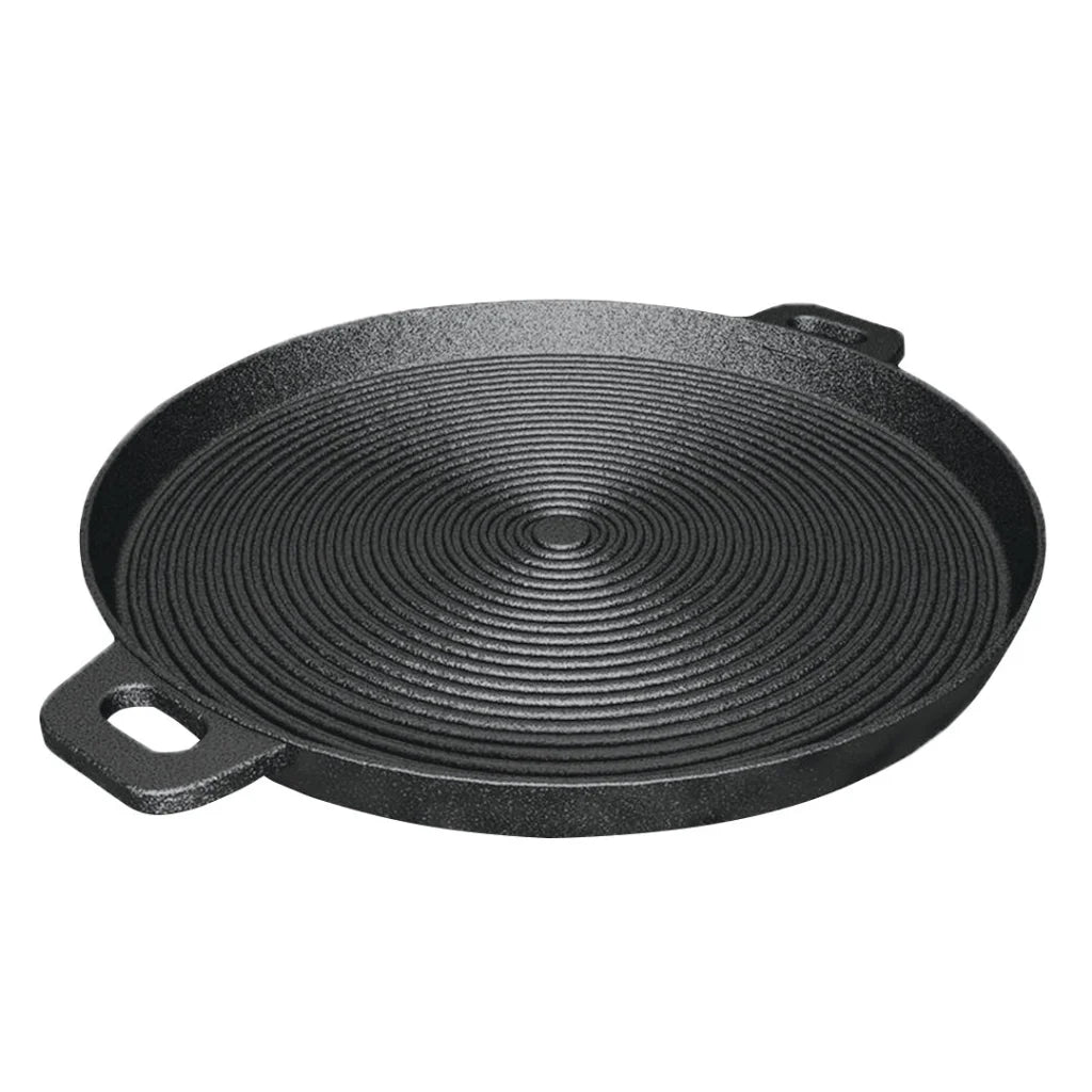 Cast Iron Frying Pan Premium 35cm Round Ribbed Skillet Steak Sizzle Platter with Handle