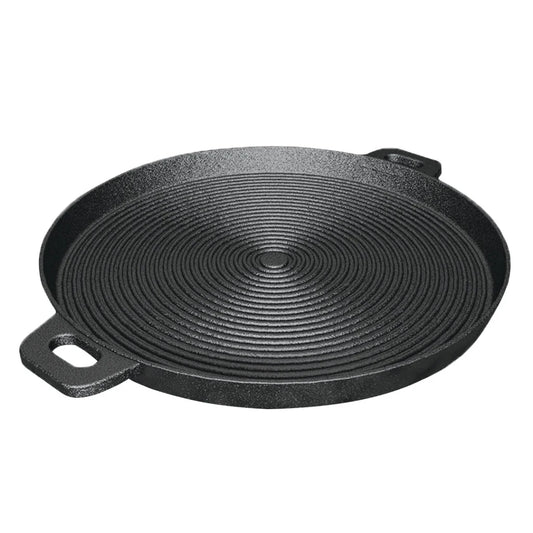 Cast Iron Frying Pan Premium 35cm Round Ribbed Skillet Steak Sizzle Platter with Handle
