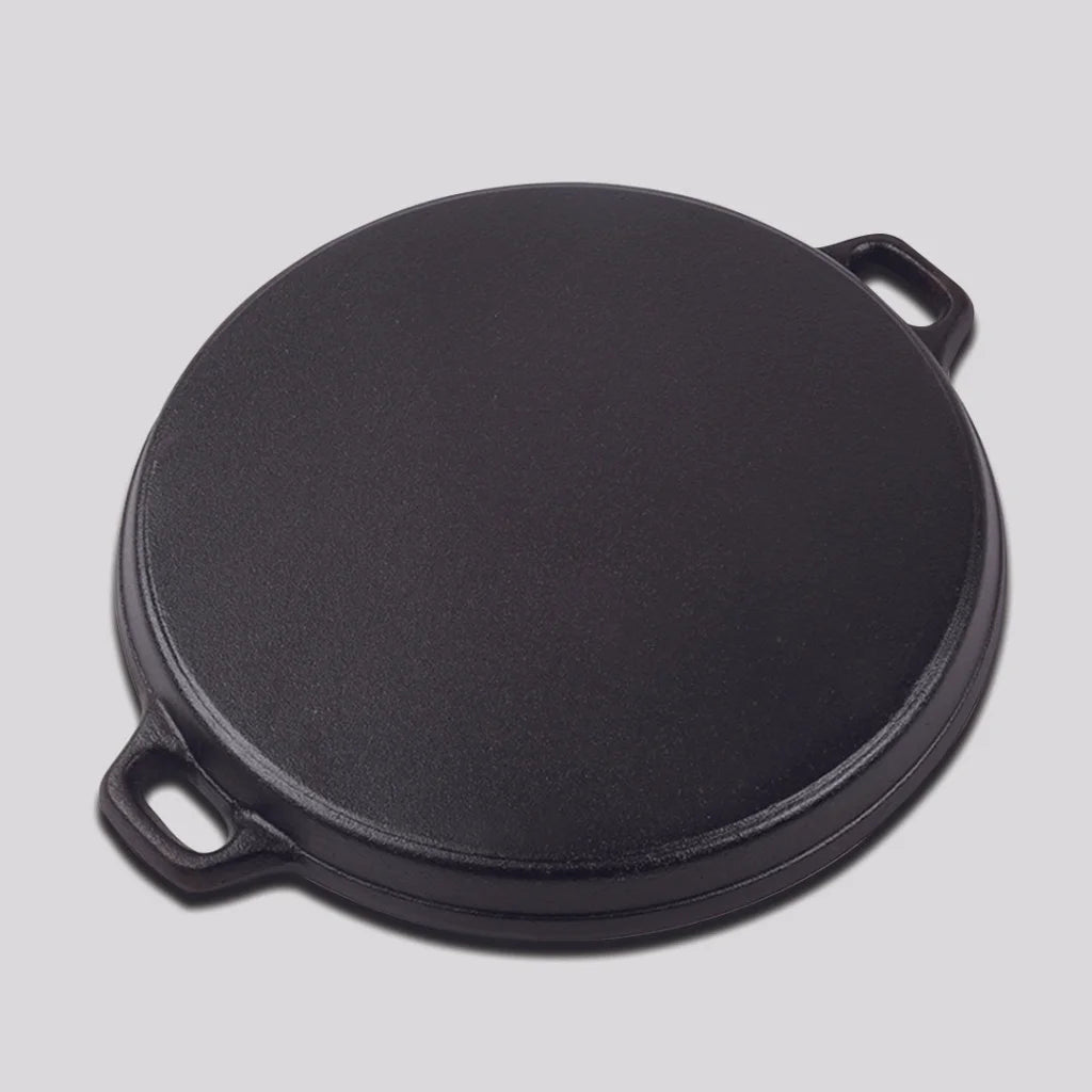 Cast Iron Frying Pan Premium 35cm Round Ribbed Skillet Steak Sizzle Platter with Handle
