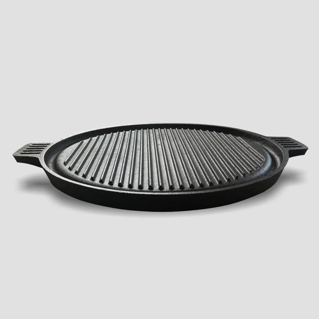 Cast Iron Frying Pan Premium 43cm Round Ribbed Skillet Steak Sizzle Platter with Handle