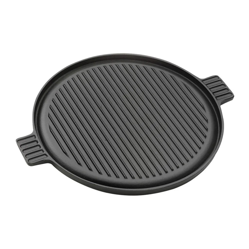 Cast Iron Frying Pan Premium 43cm Round Ribbed Skillet Steak Sizzle Platter with Handle
