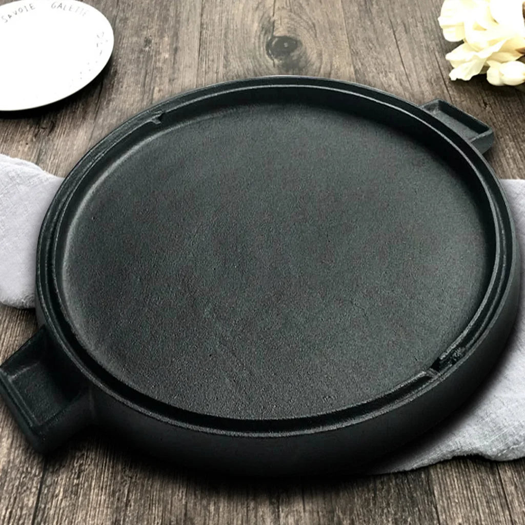 Cast Iron Frying Pan Premium 43cm Round Ribbed Skillet Steak Sizzle Platter with Handle