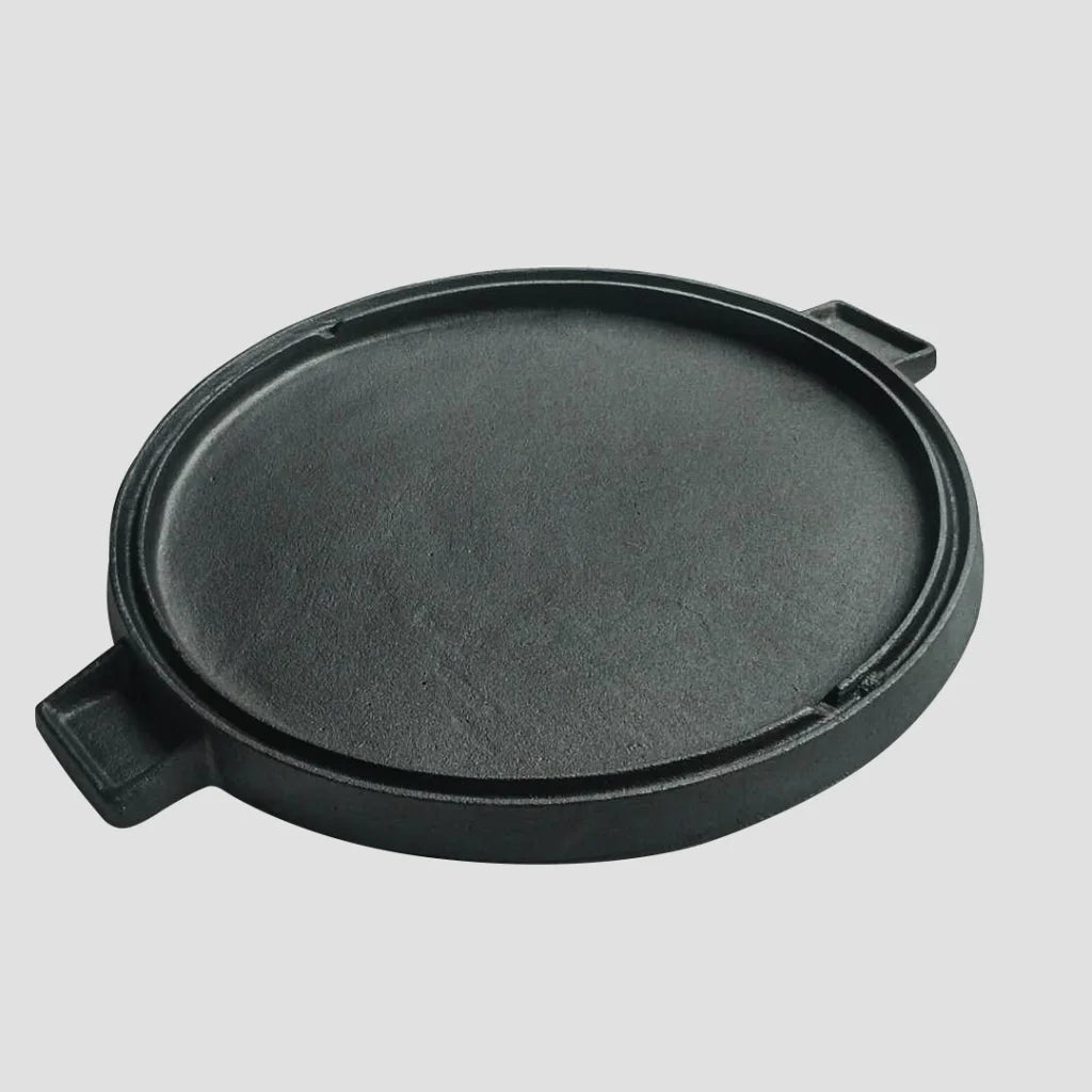 Cast Iron Frying Pan Premium 43cm Round Ribbed Skillet Steak Sizzle Platter with Handle