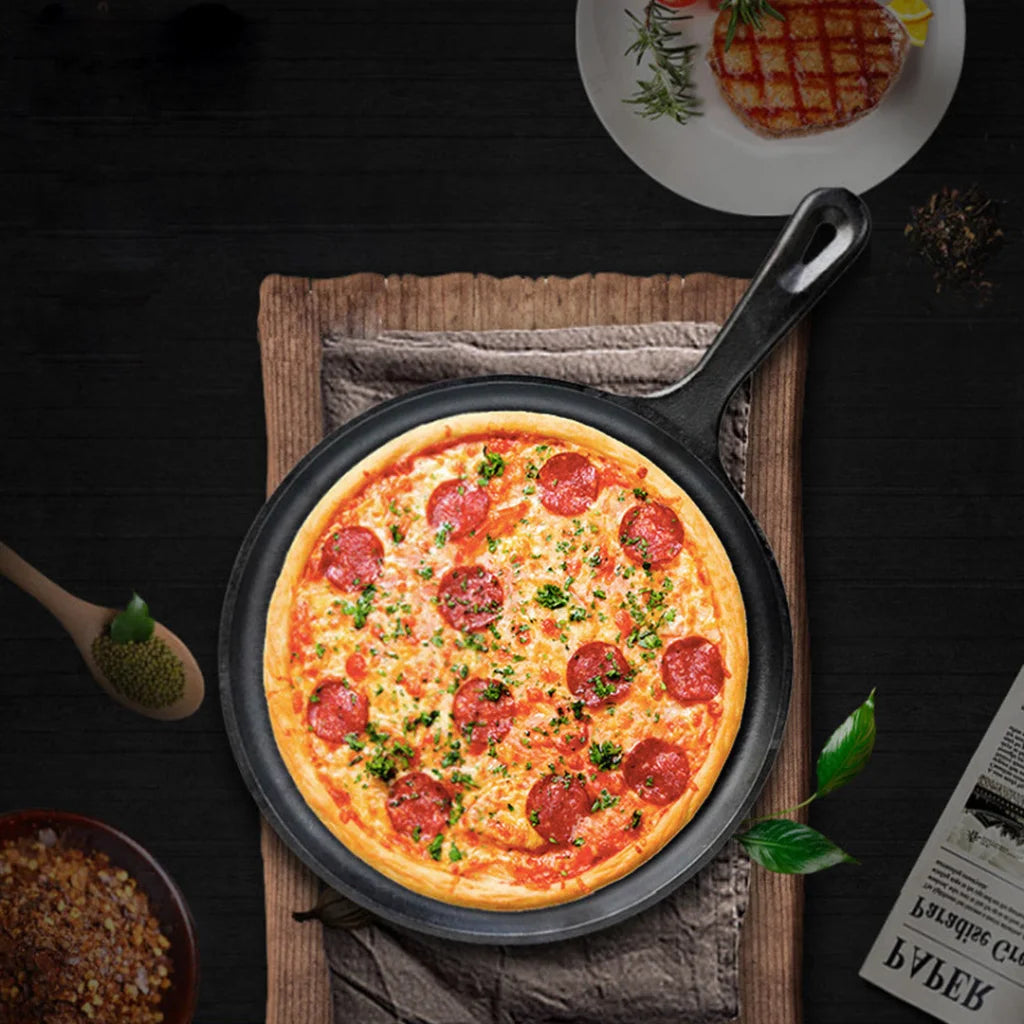 Cast Iron Frying Pan Set Premium 2X 26cm Round Skillet Griddle Sizzle Platter