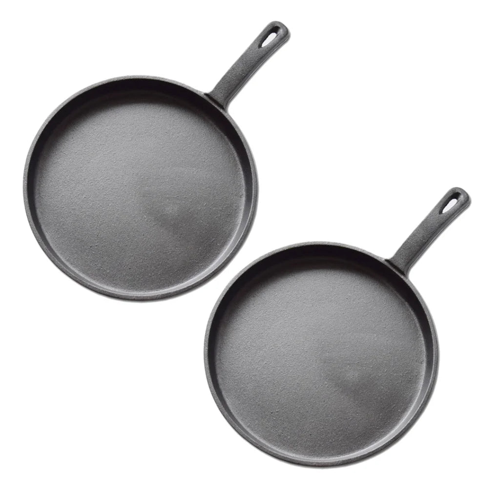 Cast Iron Frying Pan Set Premium 2X 26cm Round Skillet Griddle Sizzle Platter