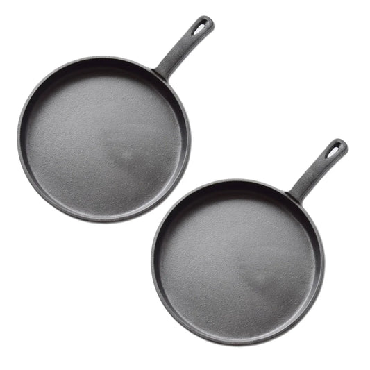 Cast Iron Frying Pan Set Premium 2X 26cm Round Skillet Griddle Sizzle Platter