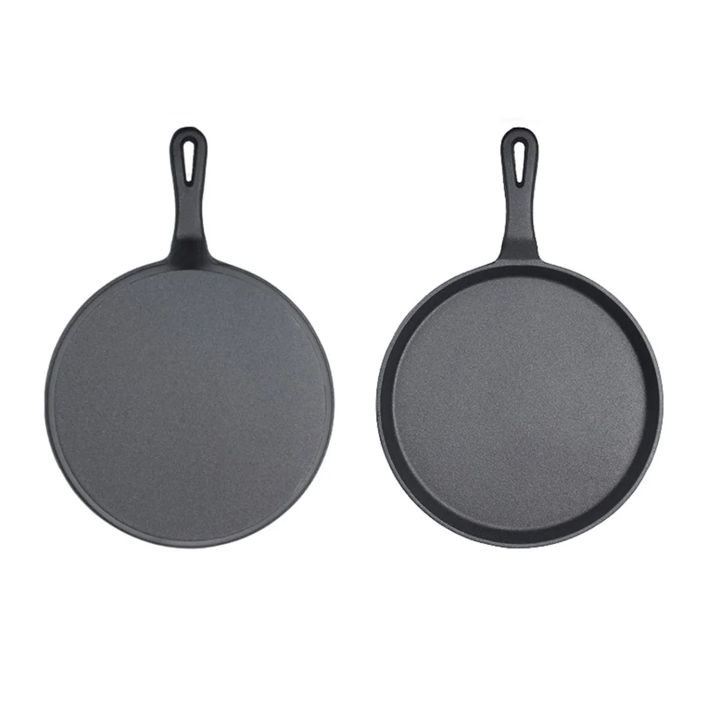 Cast Iron Frying Pan Set Premium 2X 26cm Round Skillet Griddle Sizzle Platter