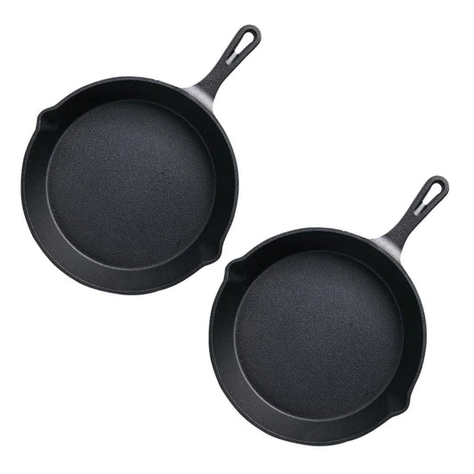 Cast Iron Frying Pan Set Premium 2X 26cm Round Skillet Steak Sizzle Platter with Handle