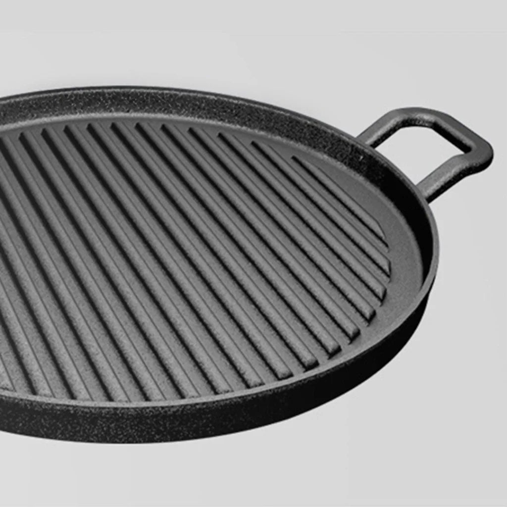 Cast Iron Frying Pan Set Premium 2X 28cm Ribbed Skillet Coating Steak Sizzle Platter