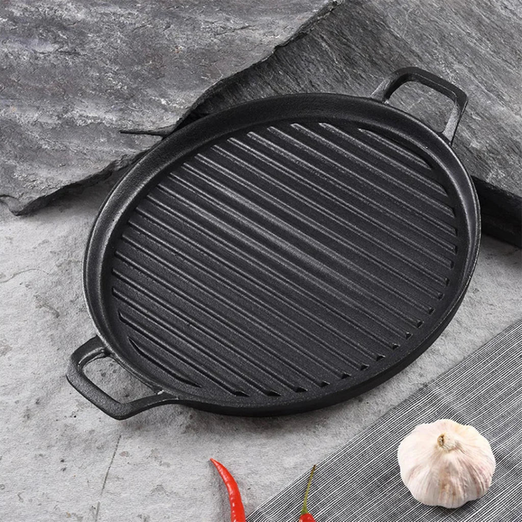 Cast Iron Frying Pan Set Premium 2X 28cm Ribbed Skillet Coating Steak Sizzle Platter