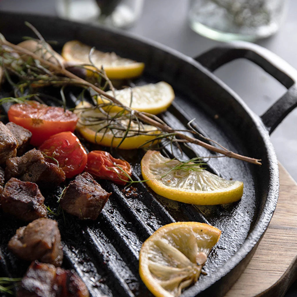 Cast Iron Frying Pan Set Premium 2X 28cm Ribbed Skillet Coating Steak Sizzle Platter