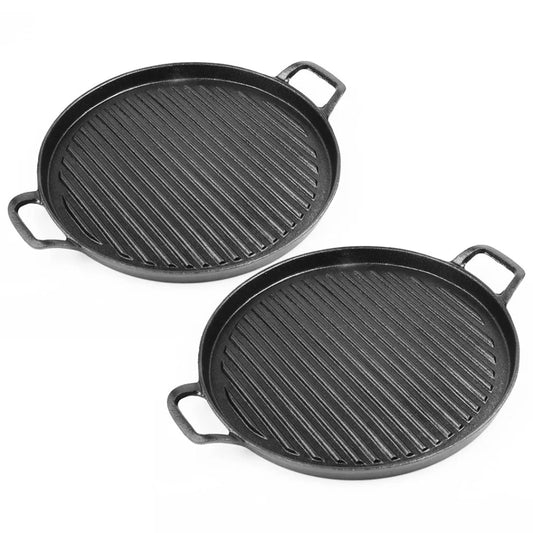 Cast Iron Frying Pan Set Premium 2X 28cm Ribbed Skillet Coating Steak Sizzle Platter