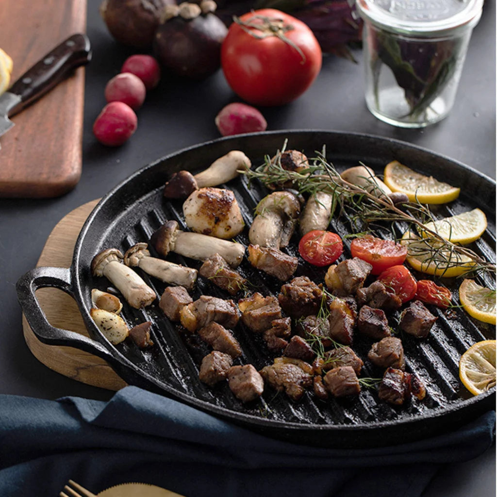 Cast Iron Frying Pan Set Premium 2X 28cm Ribbed Skillet Coating Steak Sizzle Platter