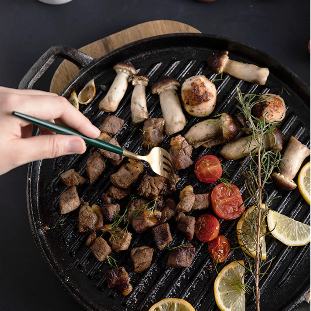 Cast Iron Frying Pan Set Premium 2X 28cm Ribbed Skillet Coating Steak Sizzle Platter