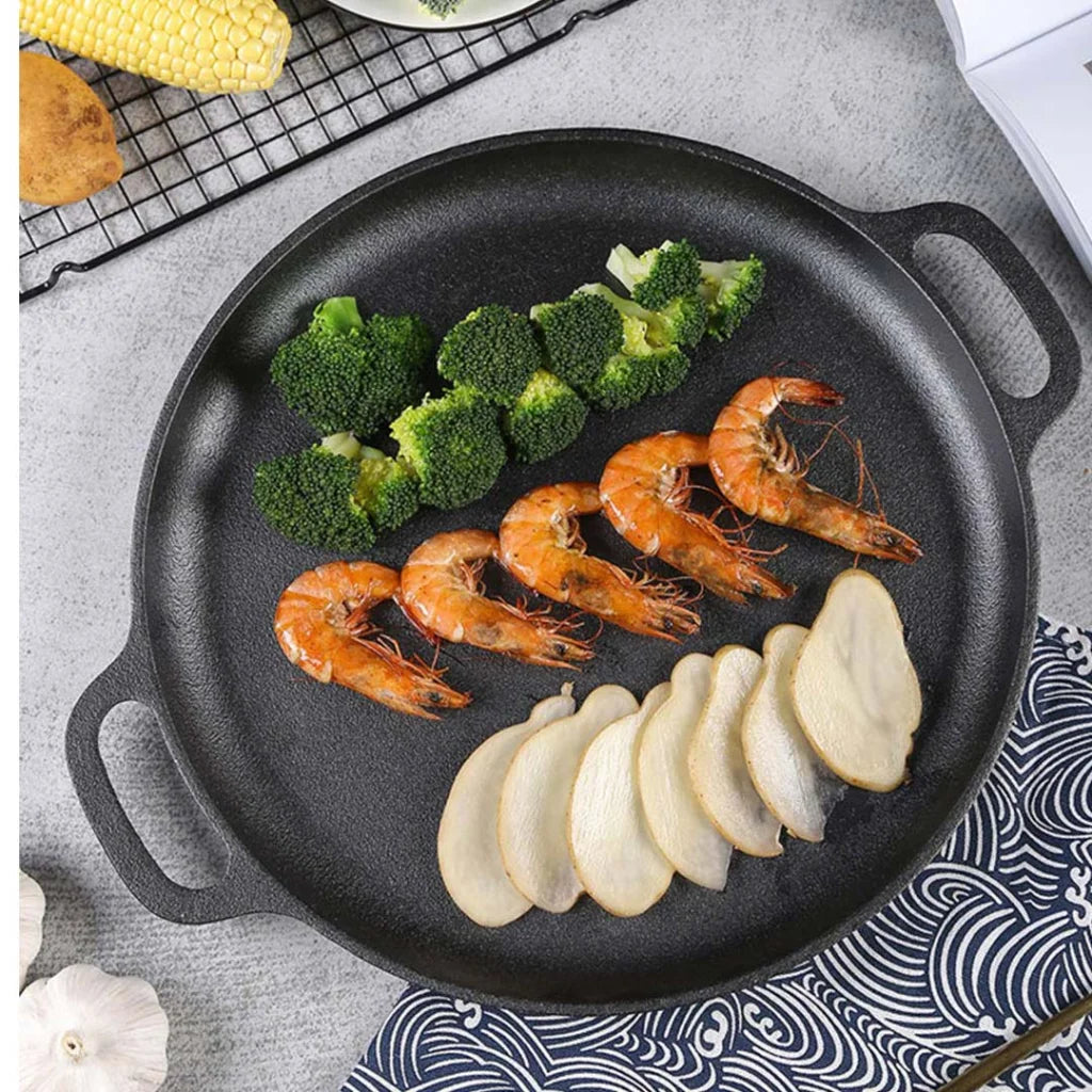 Cast Iron Frying Pan Skillet Coating Steak Sizzle Platter 35cm - Premium
